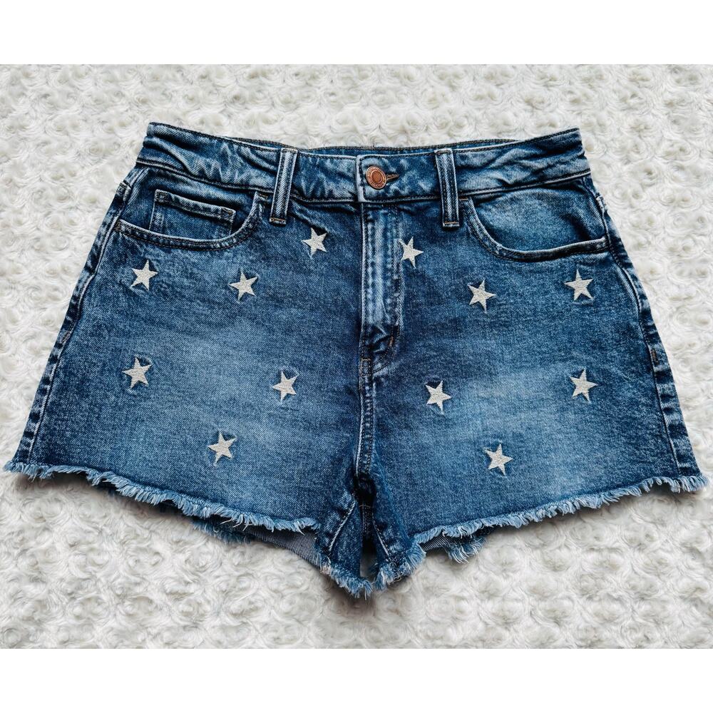 SO Denim Star Embroidered Blue Frayed Hem Shorts